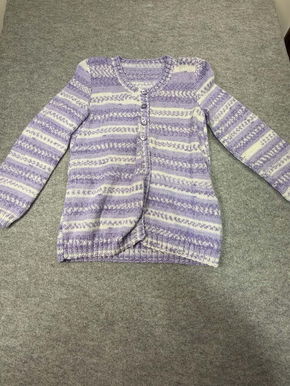 Handmade Hand Knitted Purple and White Striped Cardigan Sweater